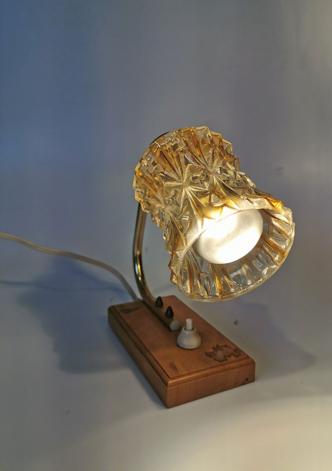 Vintage Bedside Desk Lamp / Table Glass Light / Mid Century Lighting / Made In Yugoslavia 1970s / Wood Metal Glass / Retro photo for sale
