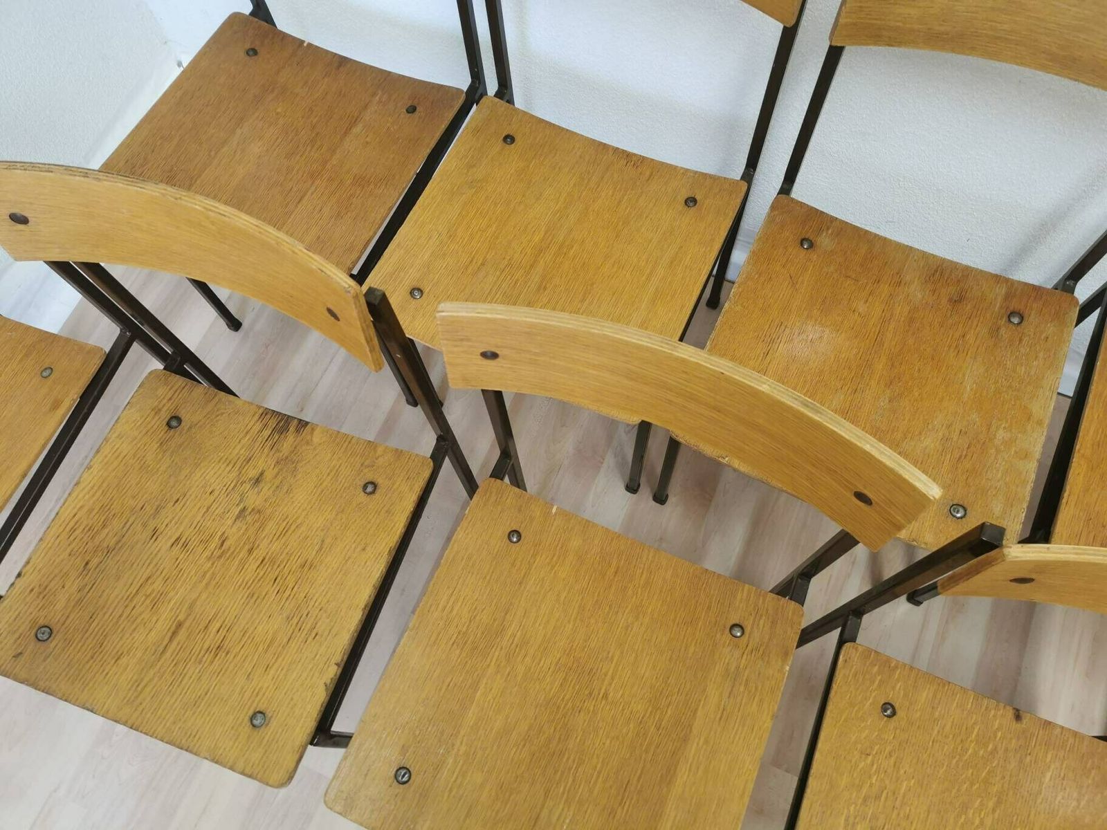 1 Of 30 Vintage School Square Chairs / Industrial Minimalist Dining Chair With Metal Frame And Wooden Seat / Mid Century Batch Of Dine Stool photo buy