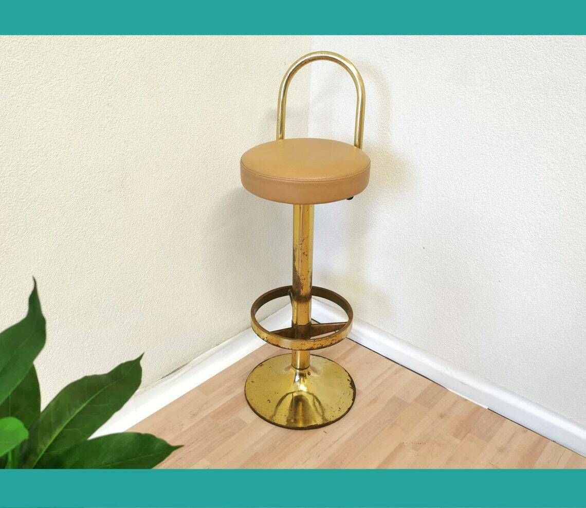 Mid Century Modern Gold Bar Stool / Vintage Elegant Round High Chair / Brass And Leather / 1970s, Italian Design / Classy Pub Stool