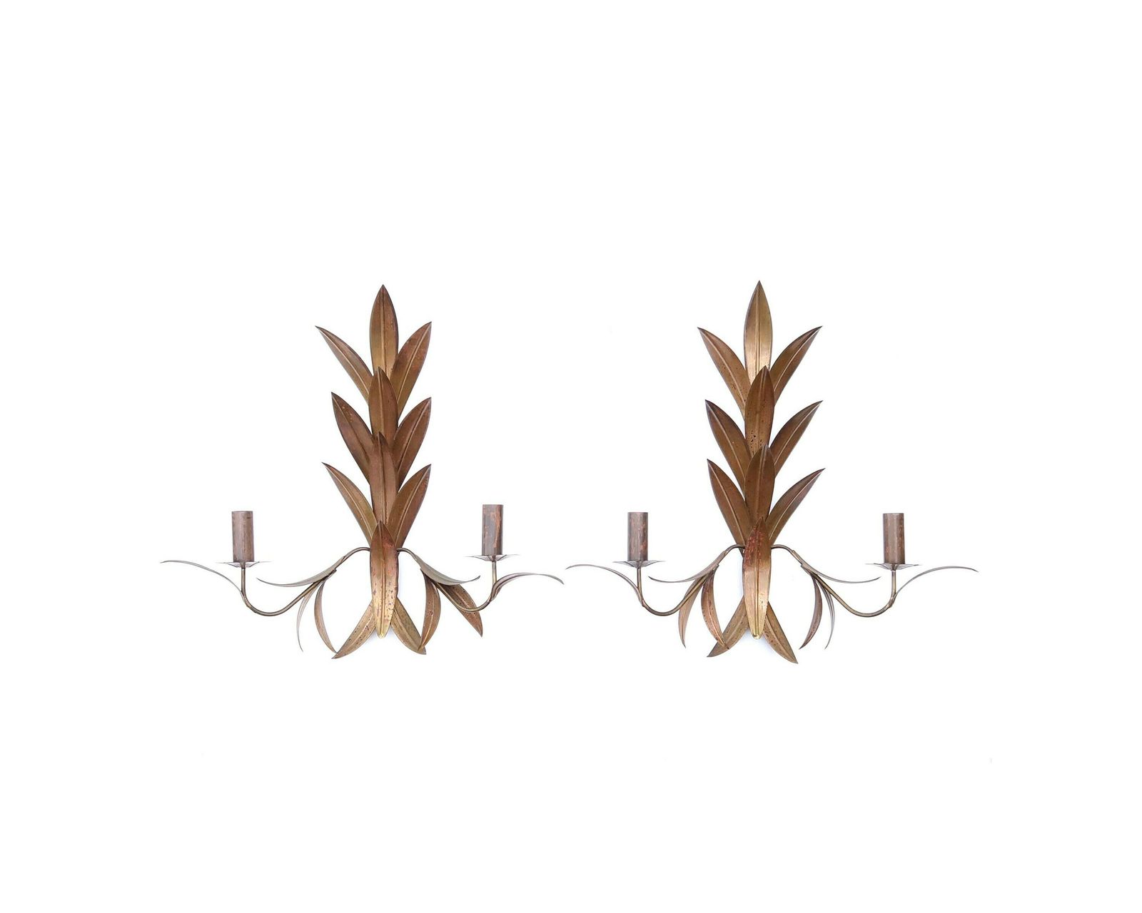 Large Pair Of Brass Sconces : Leaf, 1970s / Leaves, Tomasse Barbi Style, Tropical, Exotic, Boho Chic, Hollywood Regency