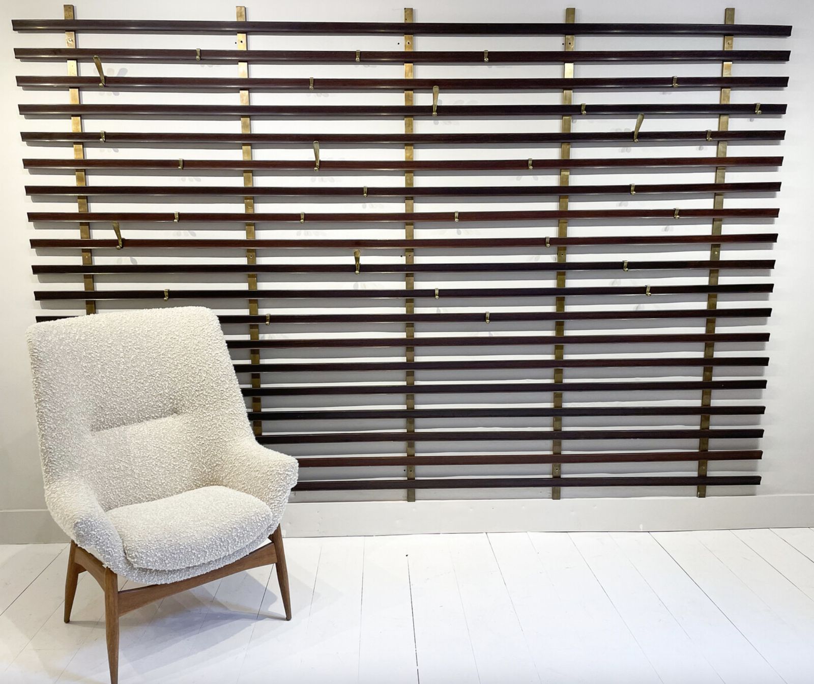 Mid Century Slatted Coat Rack By Jules Wabbes, Brass Hooks, Belgium, 1950s