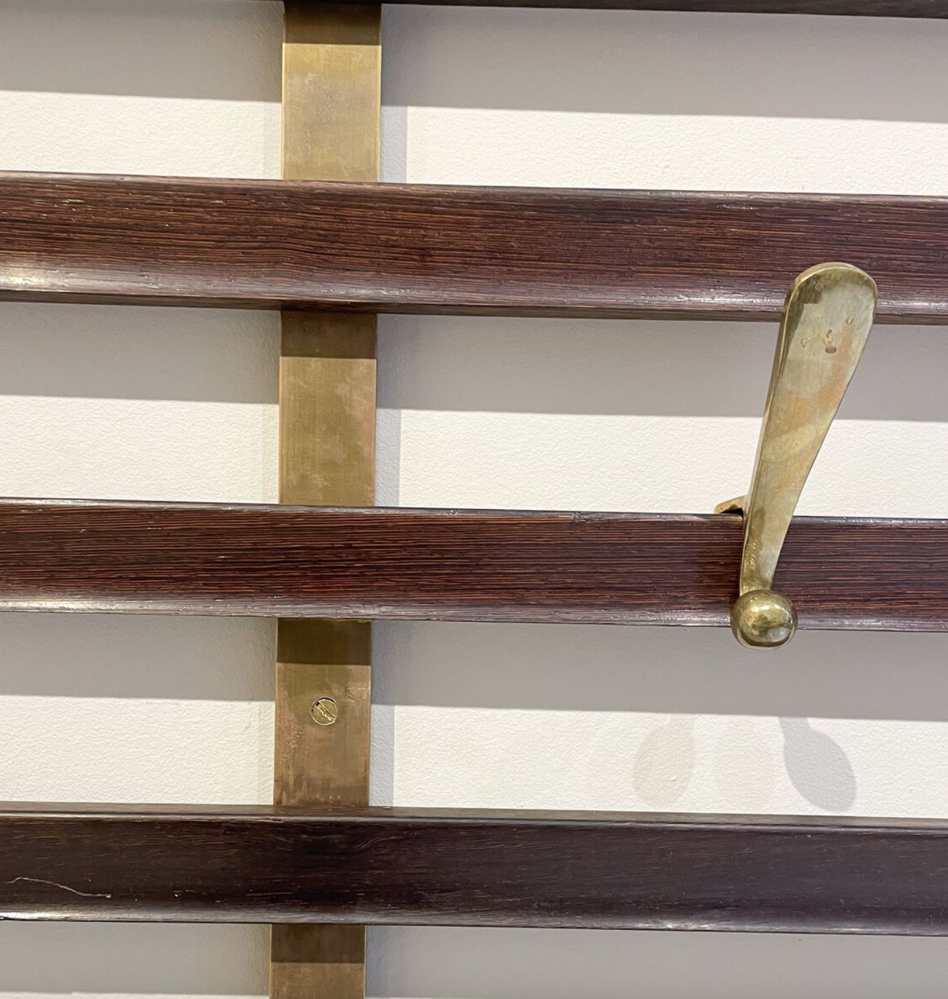 Mid Century Slatted Coat Rack By Jules Wabbes, Brass Hooks, Belgium, 1950s photo furniture
