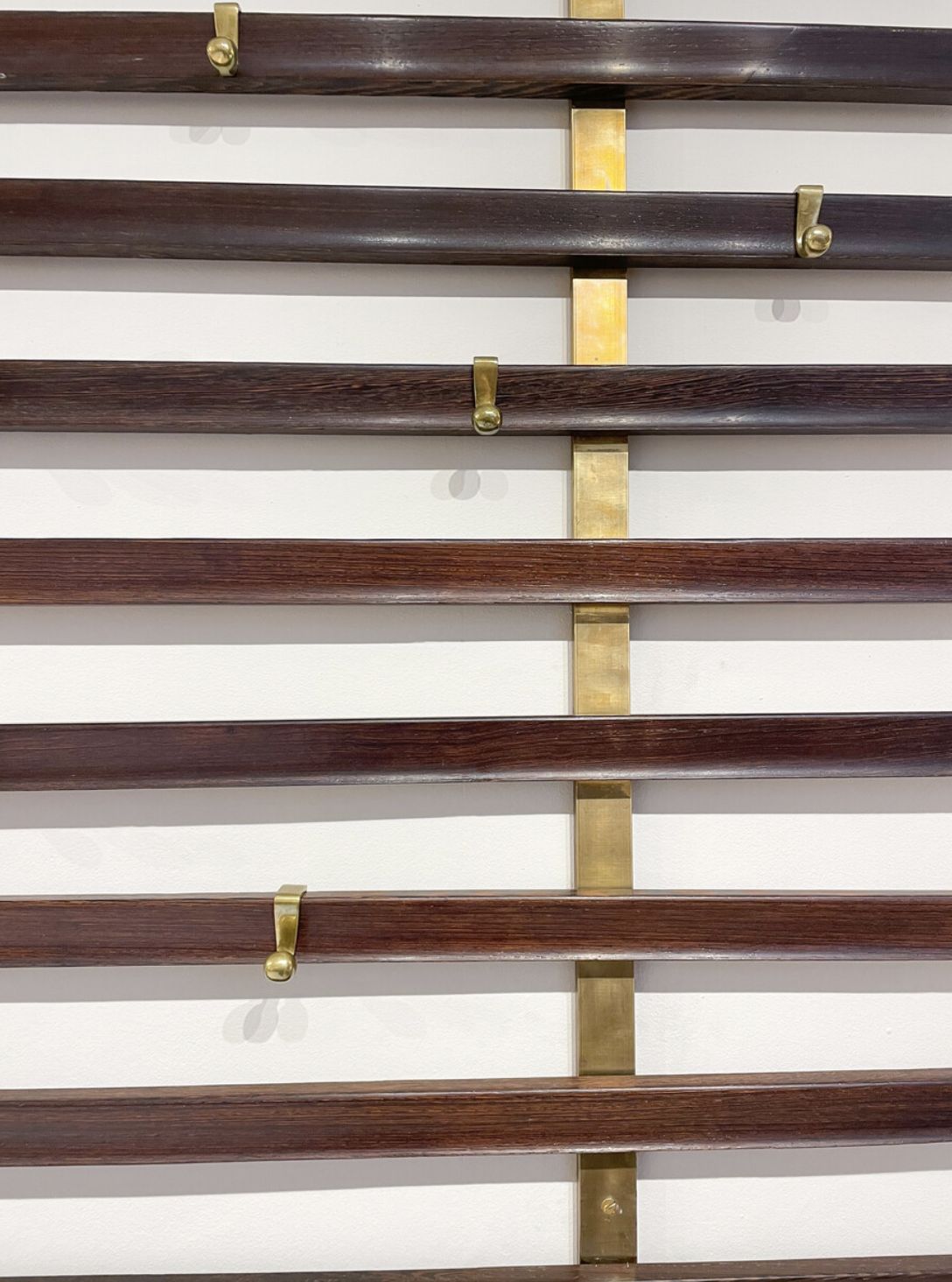 Mid Century Slatted Coat Rack By Jules Wabbes, Brass Hooks, Belgium, 1950s photo 19000.0