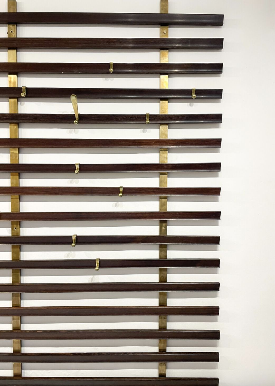 Mid Century Slatted Coat Rack By Jules Wabbes, Brass Hooks, Belgium, 1950s photo vinterior