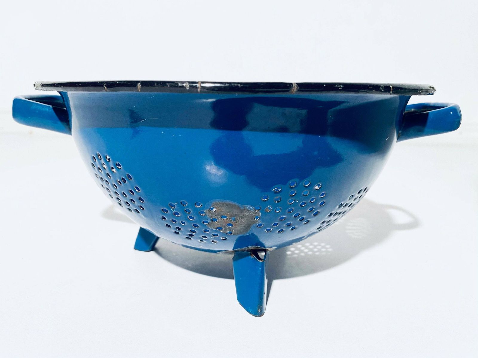 Blue Enamel Kitchen Sieve / Kitchen Colander / 1920s Vintage Decor photo for sale