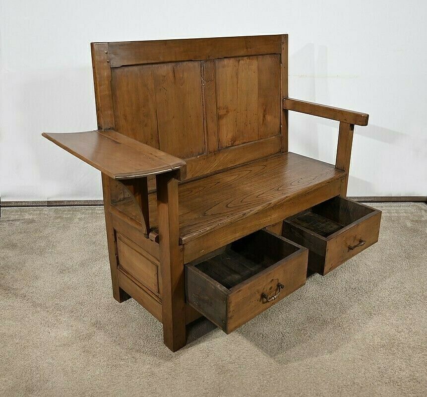 Rare Cantou Fireplace Bench In Cherry And Chestnut – 2nd Half Of The 19th Century photo vinterior