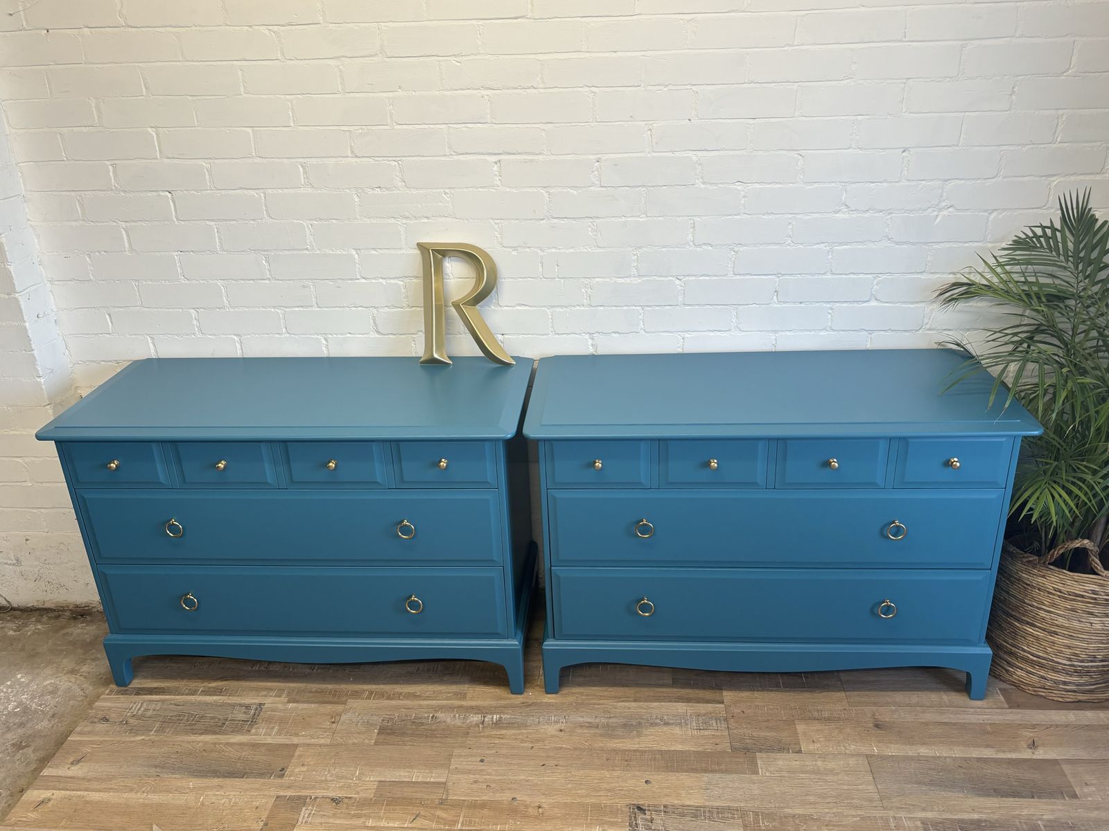 Stag Minstrel Pair Of 4 Over 2 Chest Of Drawers Painted Little Greene Marine Blue photo for sale
