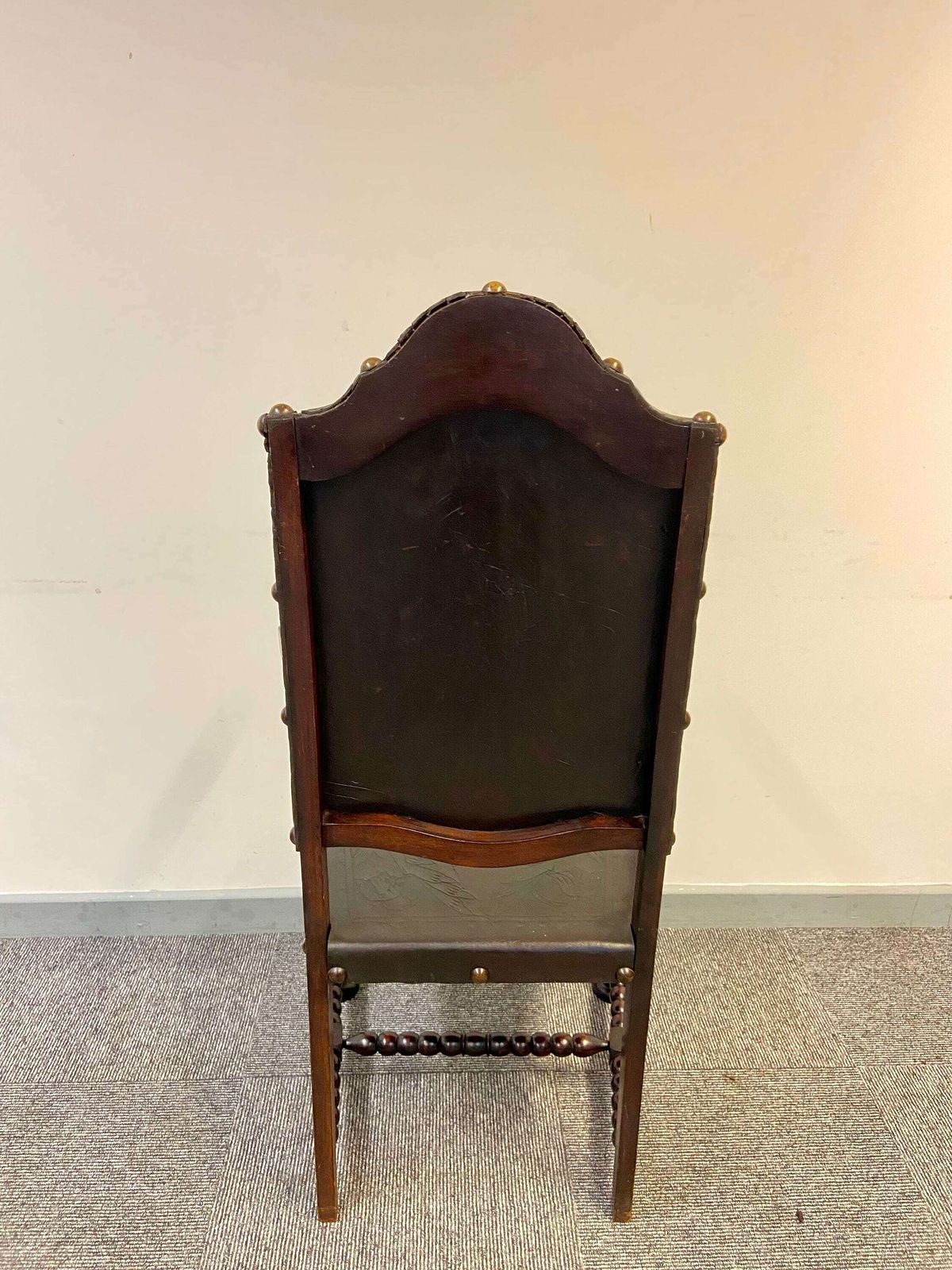 Antique Large Throne Chair / Hand Tooled Leather / Handcarved Wood / 19th Century photo furniture
