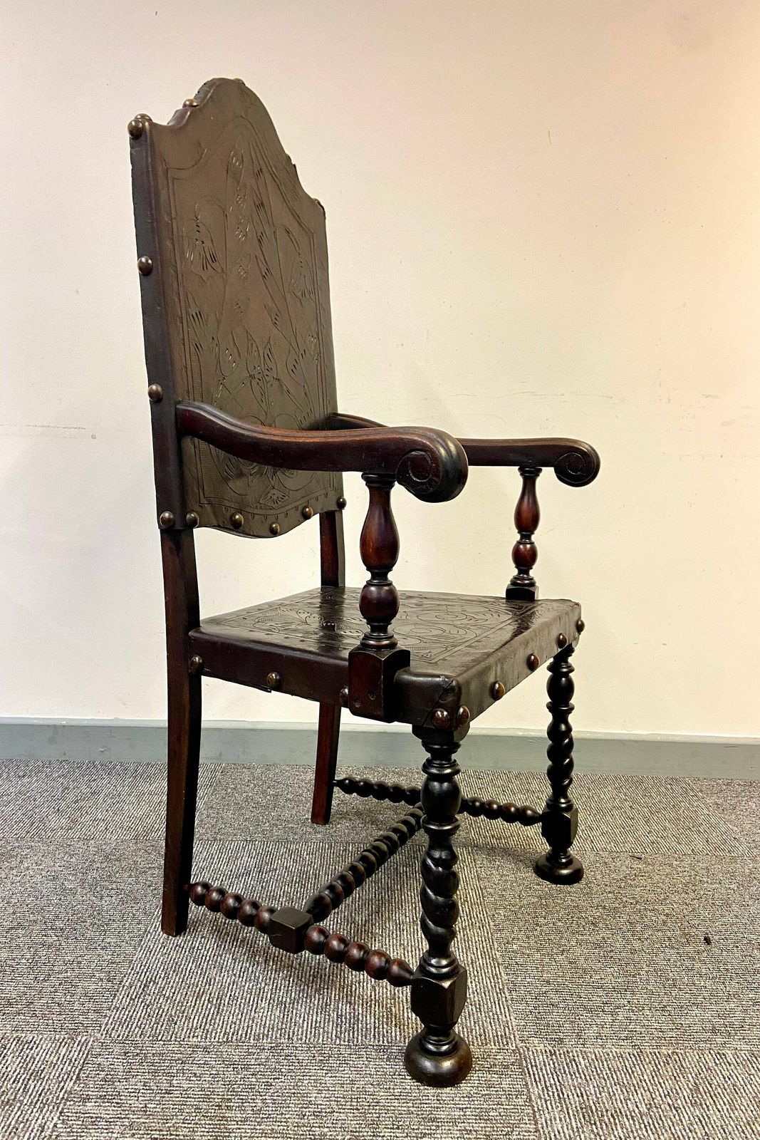 photo furniture Antique Large Throne Chair / Hand Tooled Leather / Handcarved Wood / 19th Century