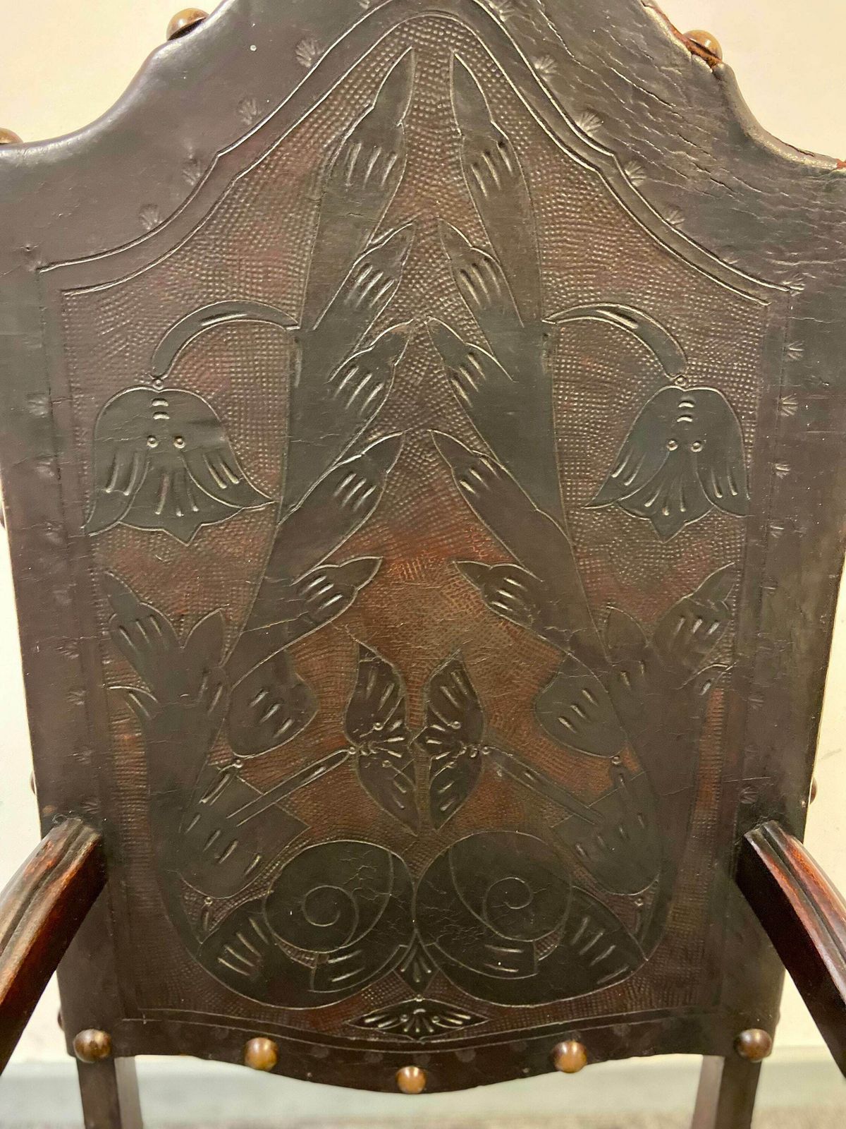 photo for sale Antique Large Throne Chair / Hand Tooled Leather / Handcarved Wood / 19th Century