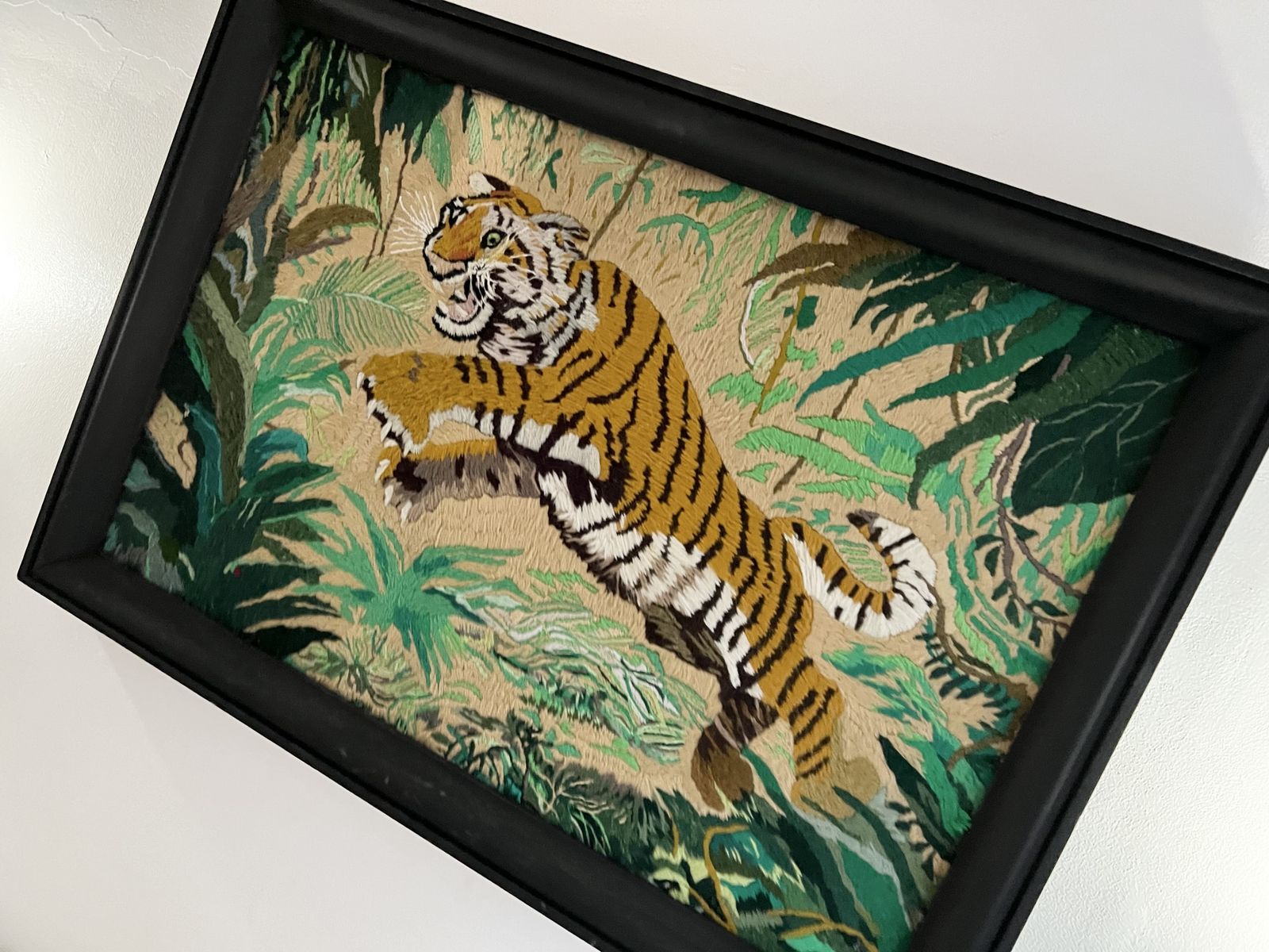 photo for sale Rare Vintage Tiger Tapestry Black Wood Framed 78cm X 54cm Animal Print Leopard