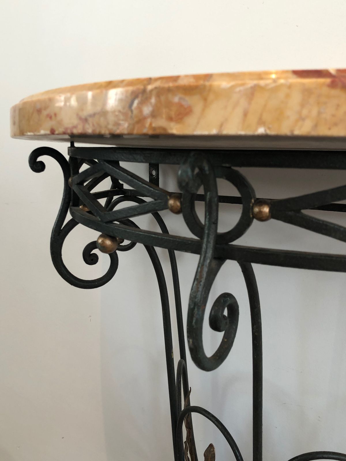 photo furniture Rare Small Wrought Iron Console With Marble Top. French Work. Around 1940