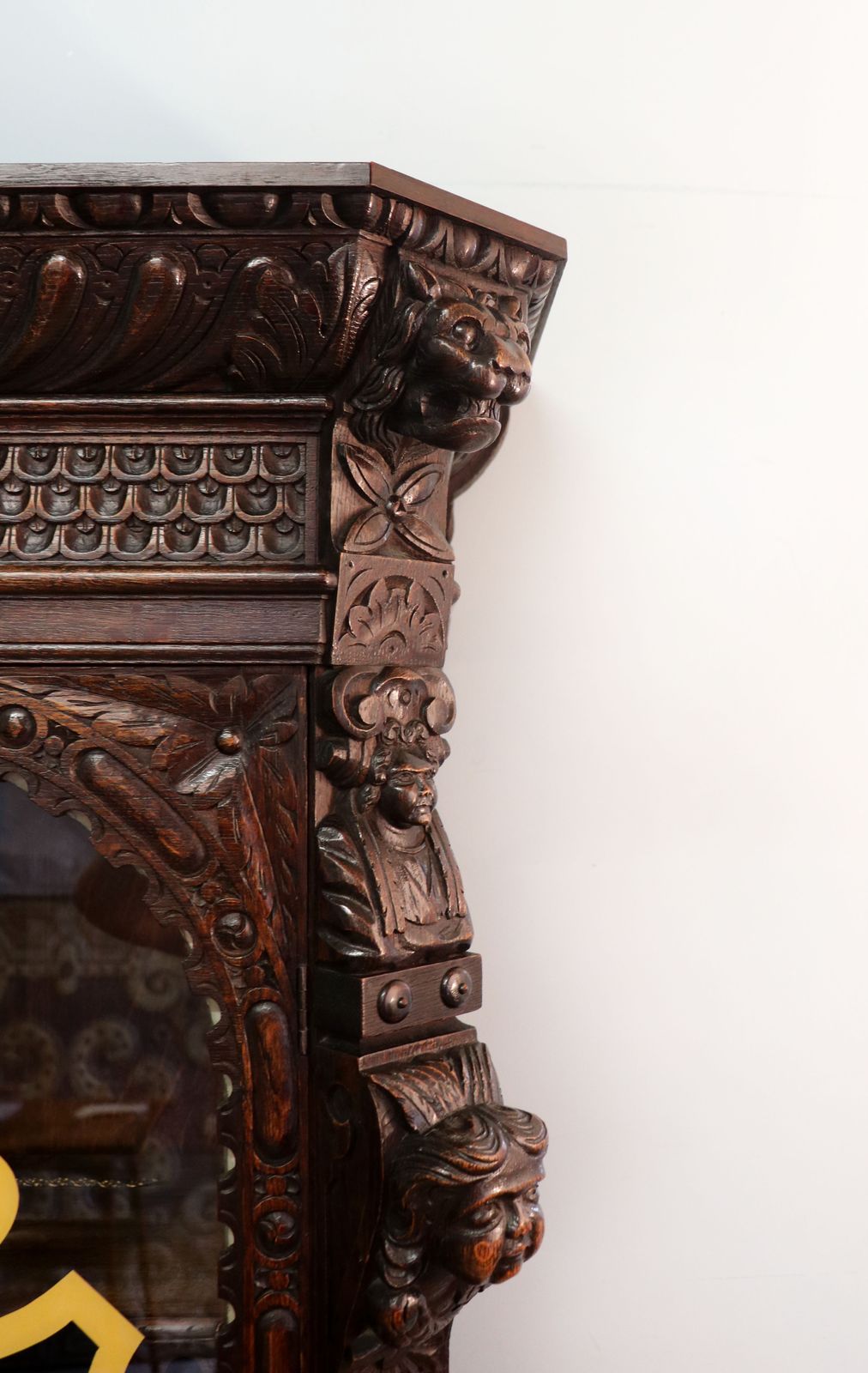 Furniture A Lovely Late 19th Heavily Carved Oak Bookcase Cabinet On Stand, Later Sign Written With A Selection Of German Beer Related Emblems. photo