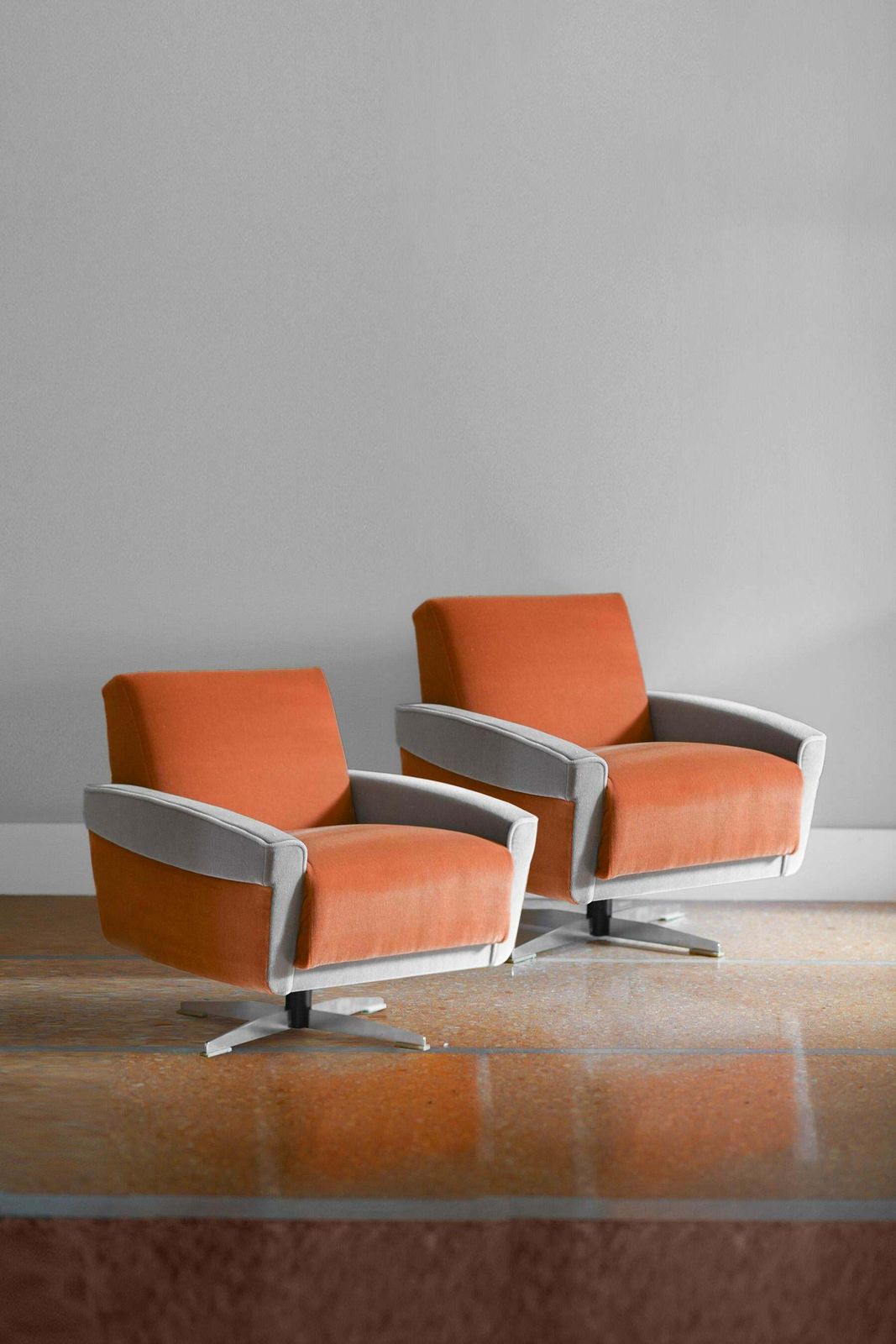 Pair Of 1960s Swivel Armchairs Covered In Dedar Fabric photo furniture