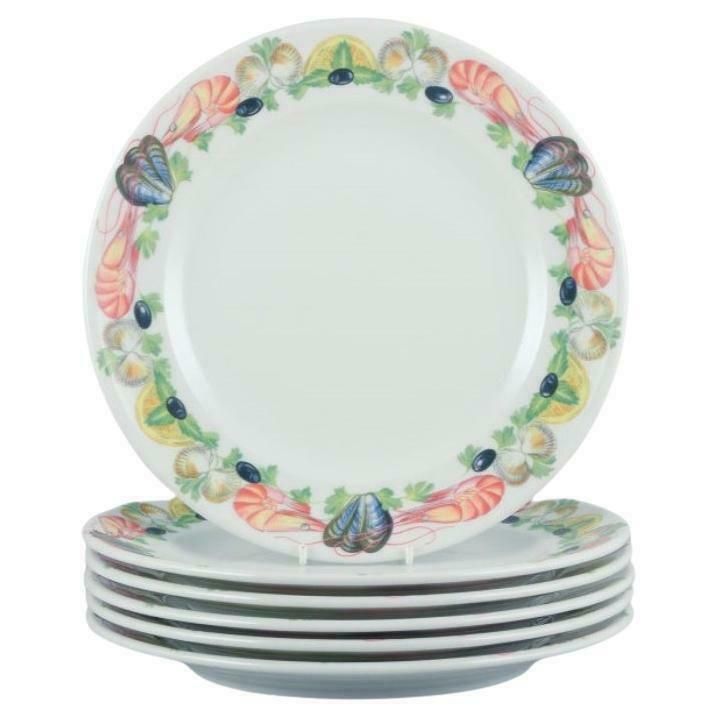 Pillivuyt, France. Six Large Dinner Plates In Porcelain With Seafood Motif