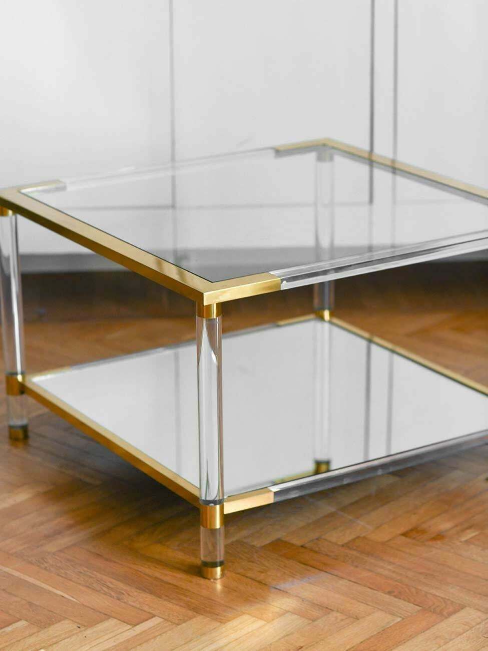 Coffee Table In Glass, Mirrored Glass, Methacrylate And Brass. photo for sale