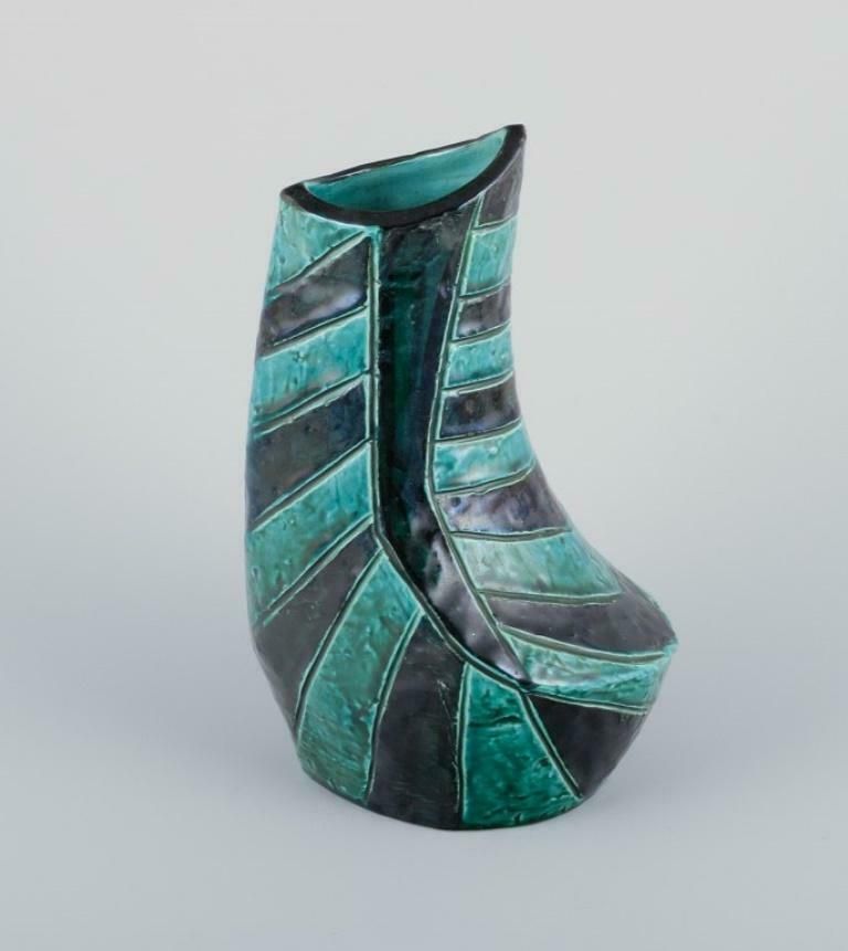 Christer, Mariestad, Sweden. Modernist Ceramic Vase With Green And Black Glaze. photo for sale