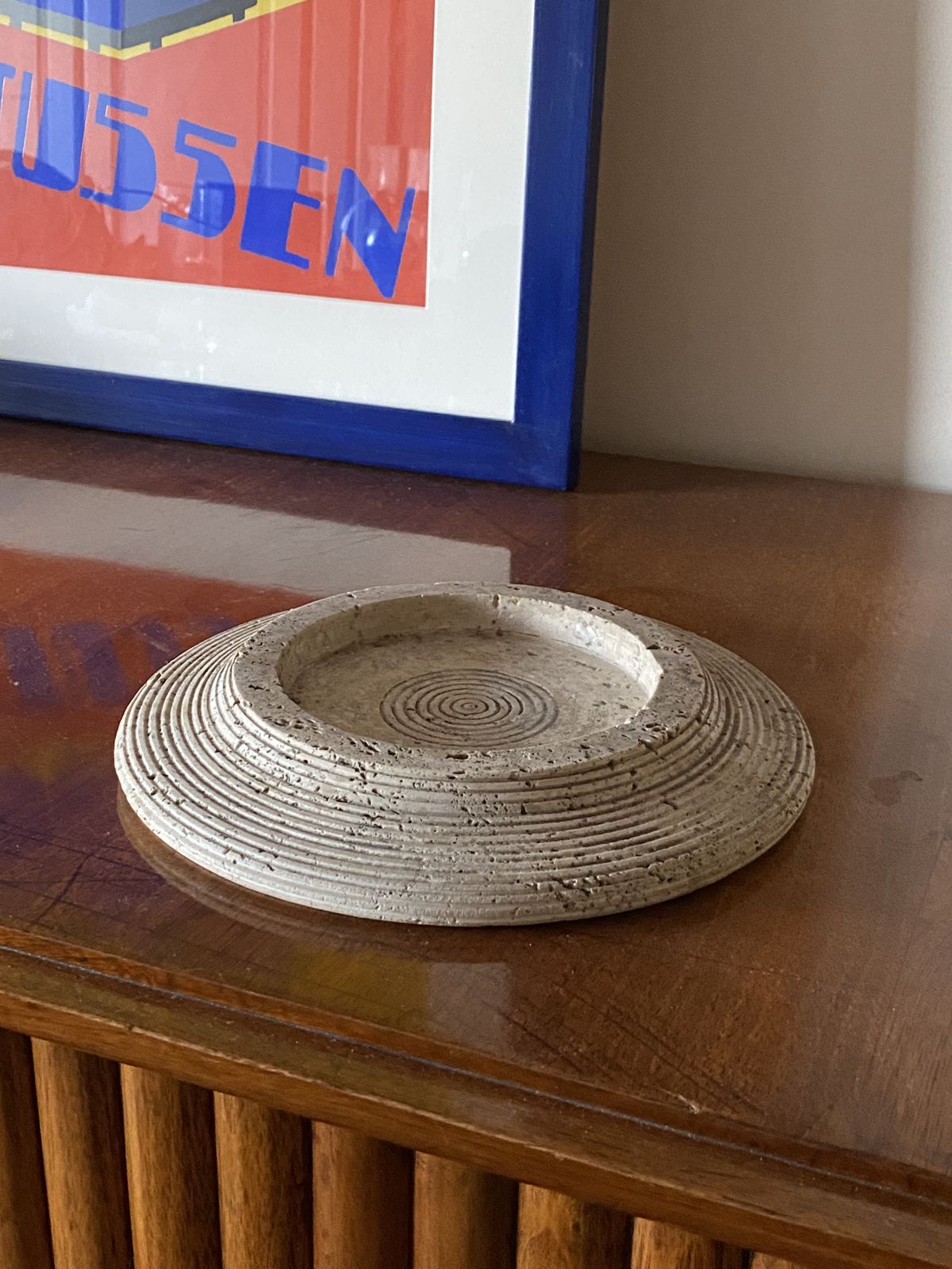 Travertine Grooved Vide Poche / Centerpiece / Ashtray, Cerri Nestore, Italy, 1970s photo vintage