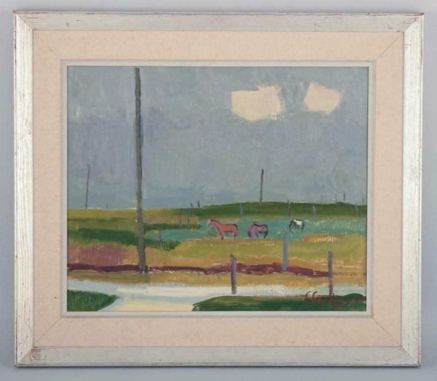 Gotthard Sandberg, Swedish Artist. Oil On Board. Modernist Landscape photo furniture