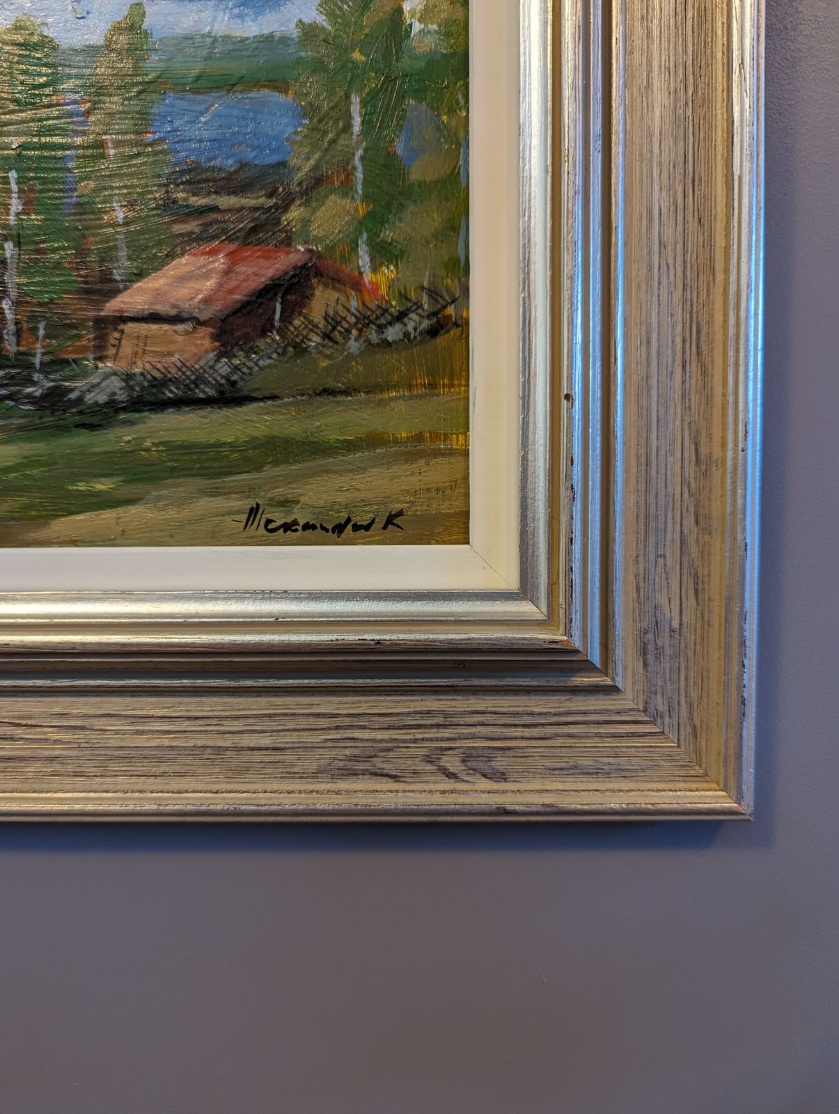 Red Houses In Nature Oil Painting photo vintage
