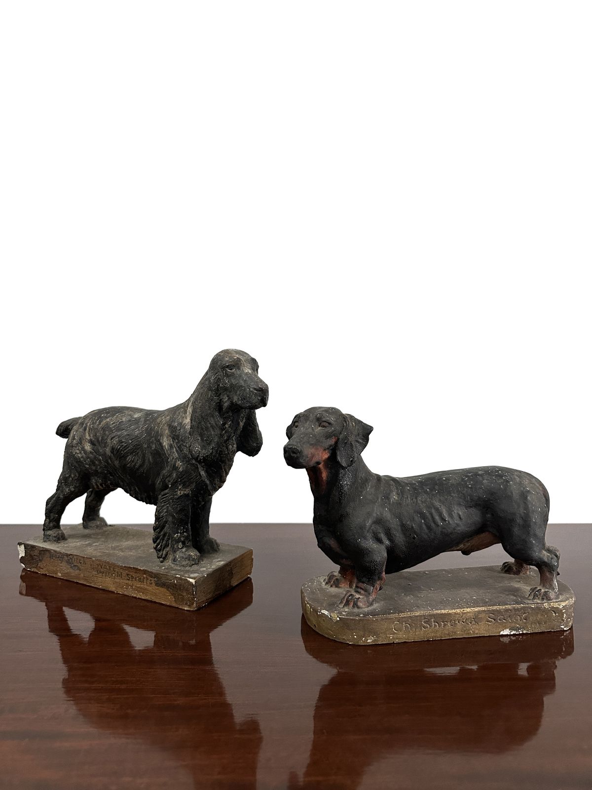 Pair Antique Painted Plaster Model Dachshund Cocker Spaniel Dog Sculptures By Frederick Thomas Daws (1878 1956)