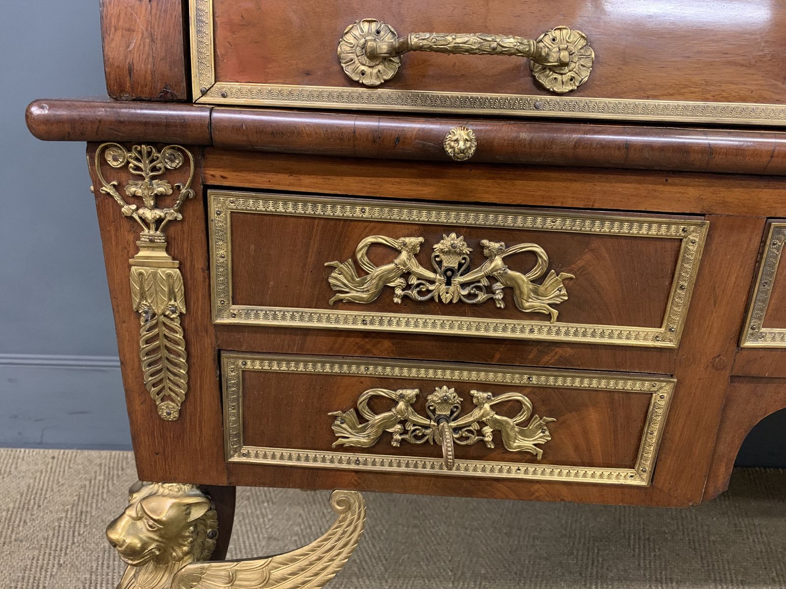 Large 19th Century French Empire Style Flame Mahogany Cylinder Desk photo for sale