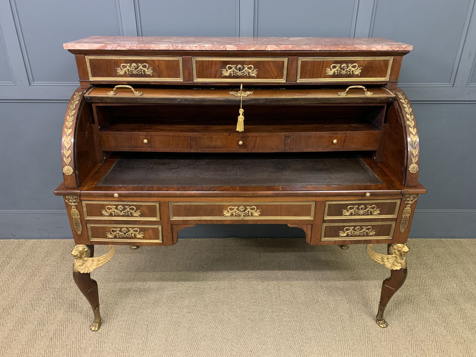 Large 19th Century French Empire Style Flame Mahogany Cylinder Desk photo vinterior