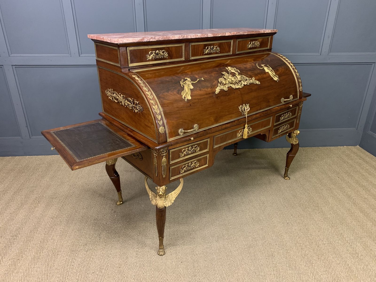 photo vinterior Large 19th Century French Empire Style Flame Mahogany Cylinder Desk