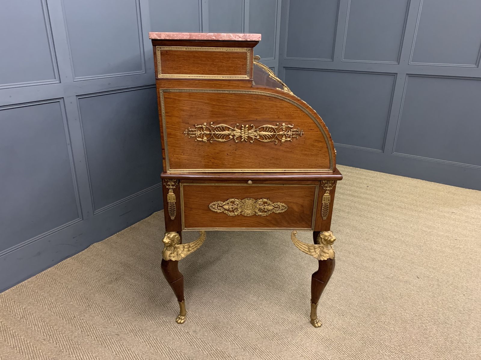 photo buy Large 19th Century French Empire Style Flame Mahogany Cylinder Desk