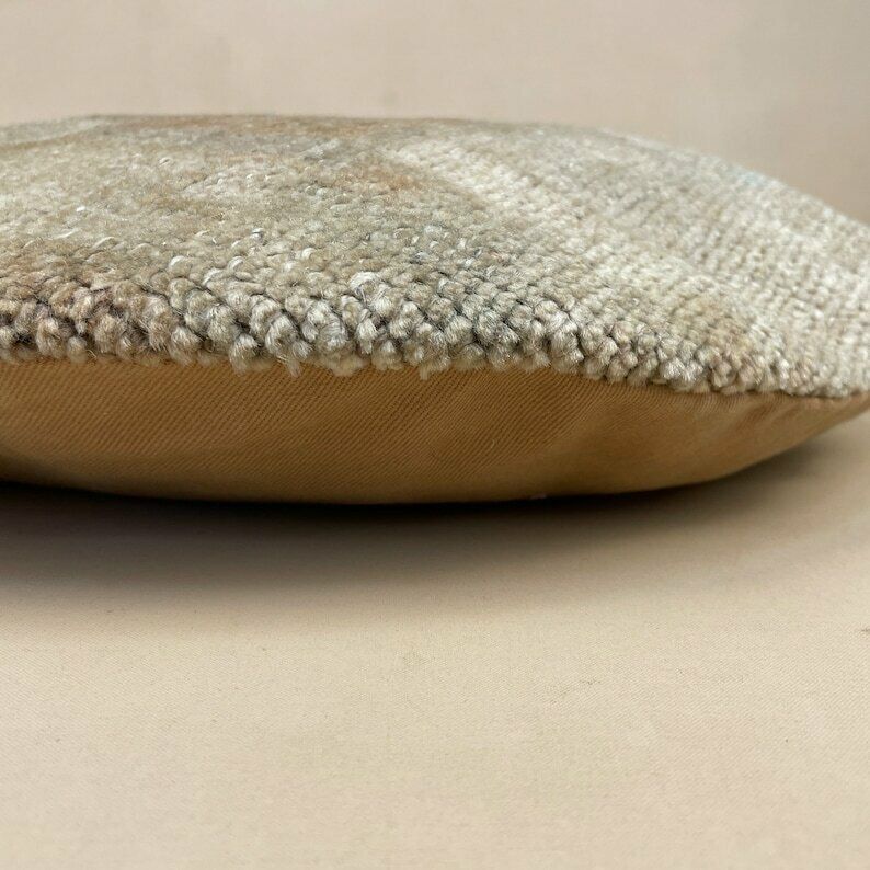 Antique Kilim Circle Cushion Turkish Pillow Feather Filled Handwoven Muted Beige photo Textiles