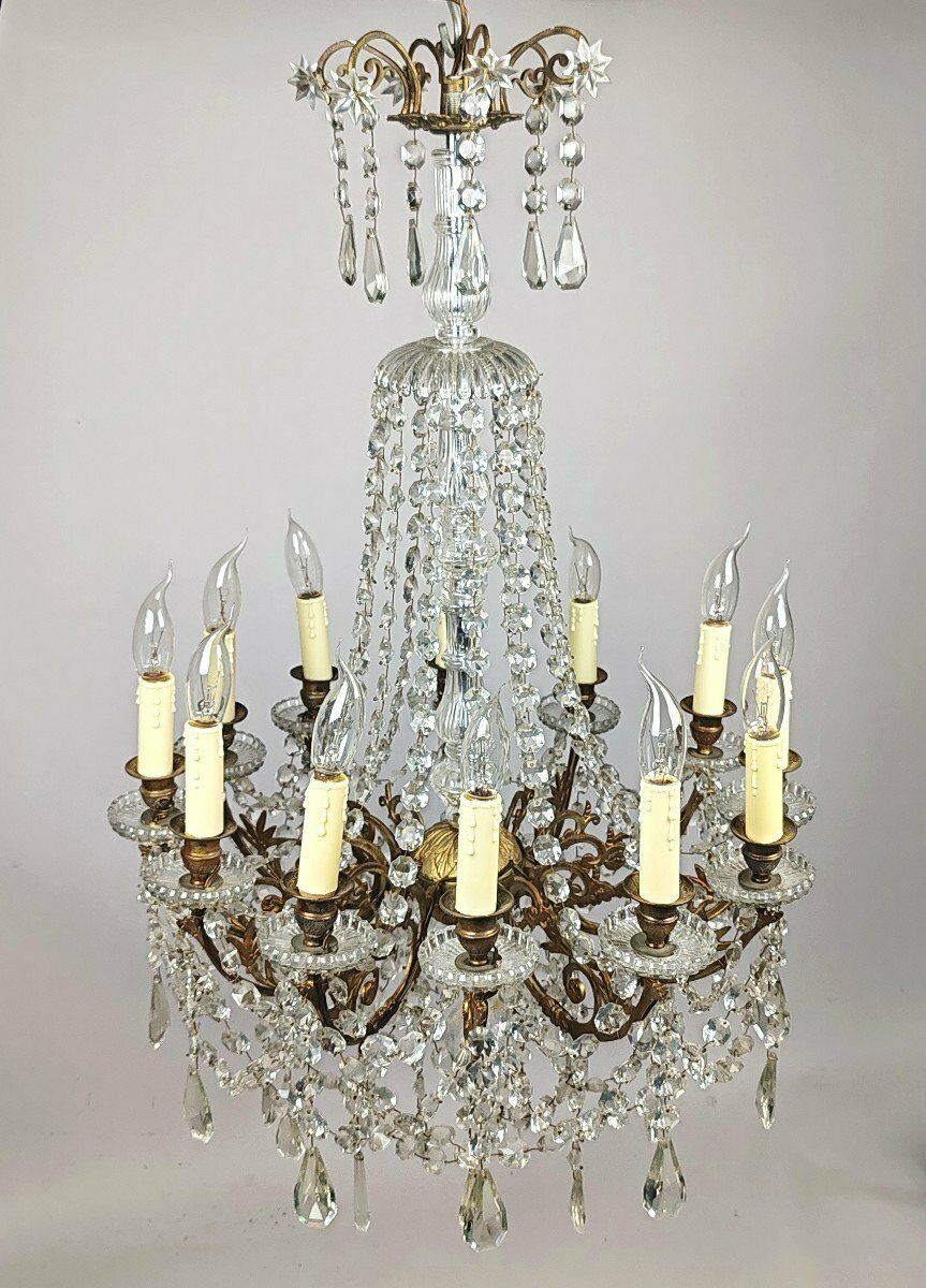 12 Light Chandelier, Glass And Crystal