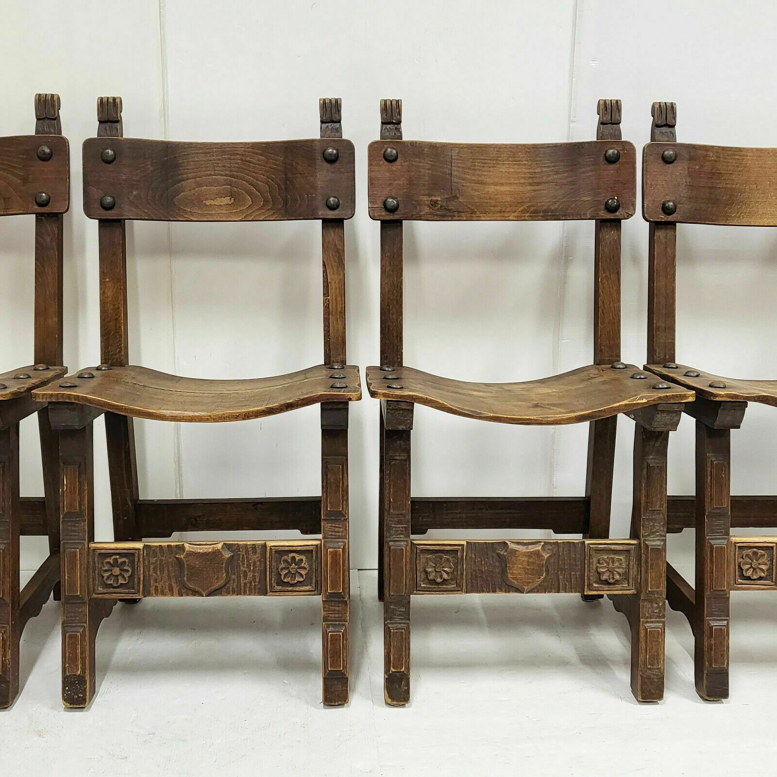 Set Of 4 Vintage 1970 Brutalist Chairs In Oak & Metal 70s 1970s photo furniture