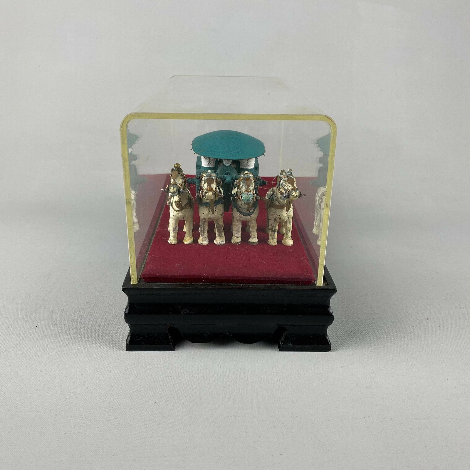 Rare Antique Oriental Metal Statue Horse Drawn Carriage Asian Wood Stand Chariot Sculpture In Box Ornament Chinese Far East Unusual photo for sale