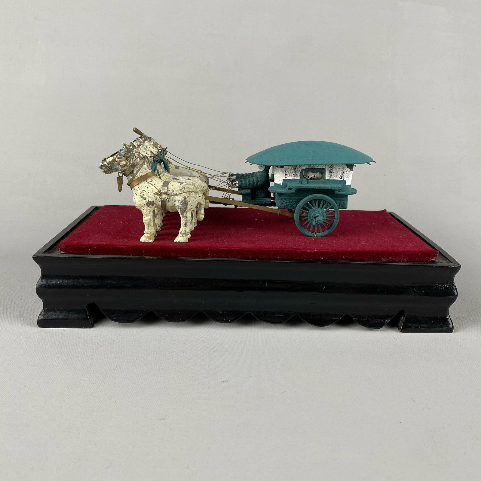 Rare Antique Oriental Metal Statue Horse Drawn Carriage Asian Wood Stand Chariot Sculpture In Box Ornament Chinese Far East Unusual photo 190.0