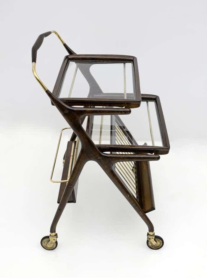 Cesare Lacca Mid Century Modern Italian Walnut And Brass Bar Cart By Cassina 50s photo vinterior
