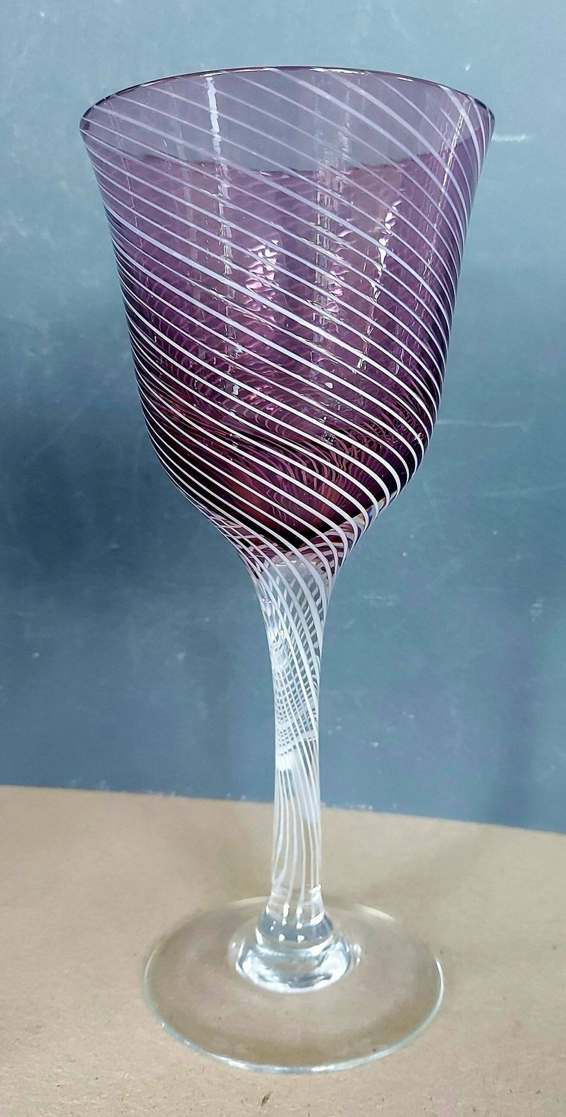 5 Vintage Handblown Swirled Amethyst Glass Stemmed Wine Glasses, 175ml photo for sale