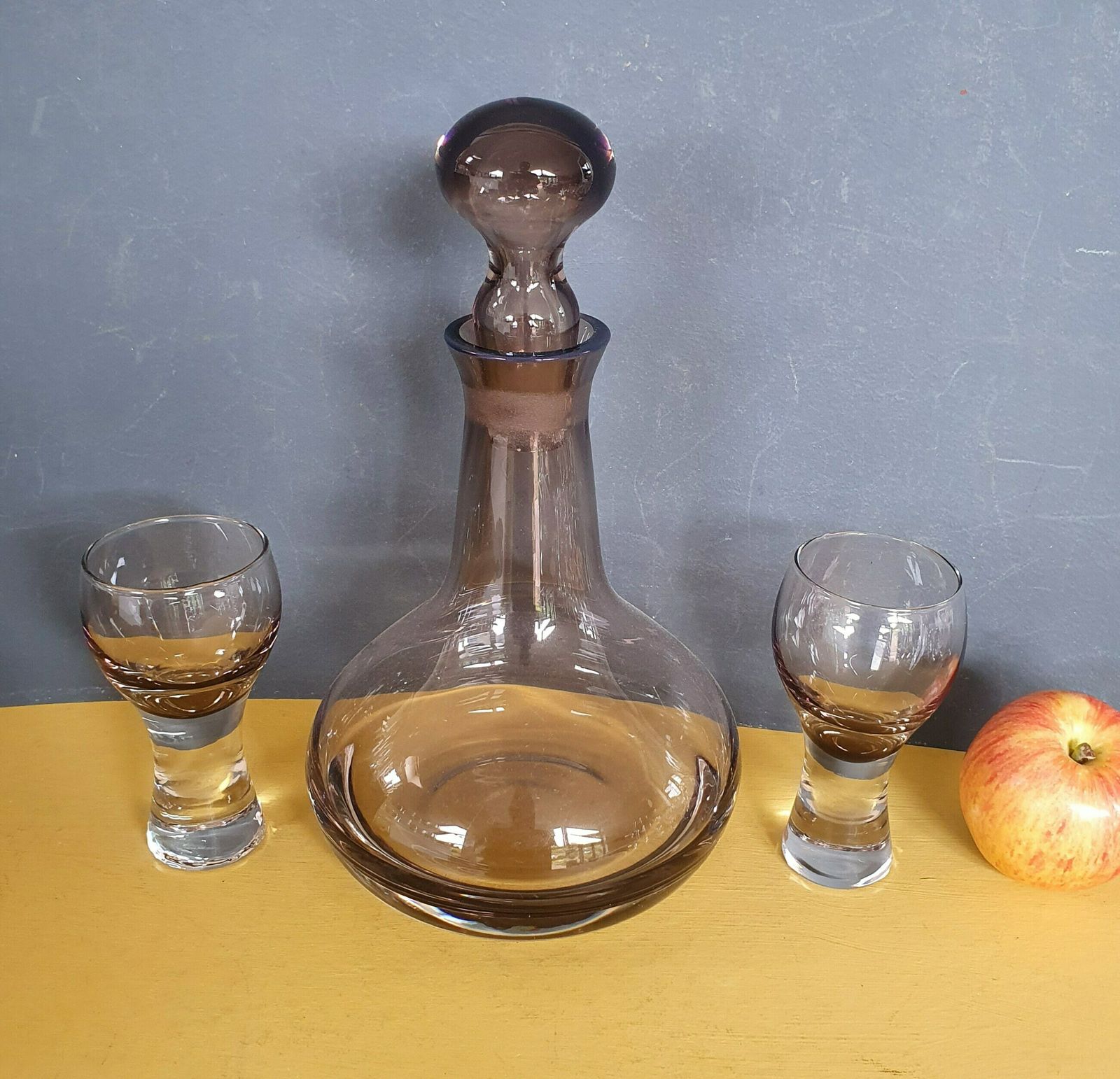 Vintage Caithness Smoked Glass Decanter Set, Libster Decanter And Two Canisbay Dram Glasses In Lovely Peat Coloured Glass, 1970s