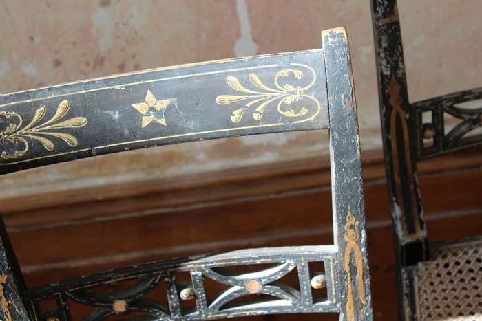 Trio Of Regency Ebonised Hand Painted Gilt And Cane Distressed Occasional Chairs photo Furniture