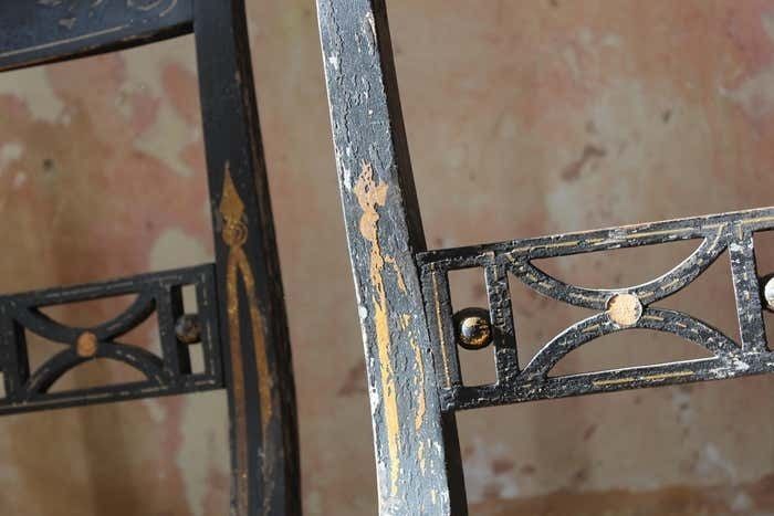 Trio Of Regency Ebonised Hand Painted Gilt And Cane Distressed Occasional Chairs photo 1295.0