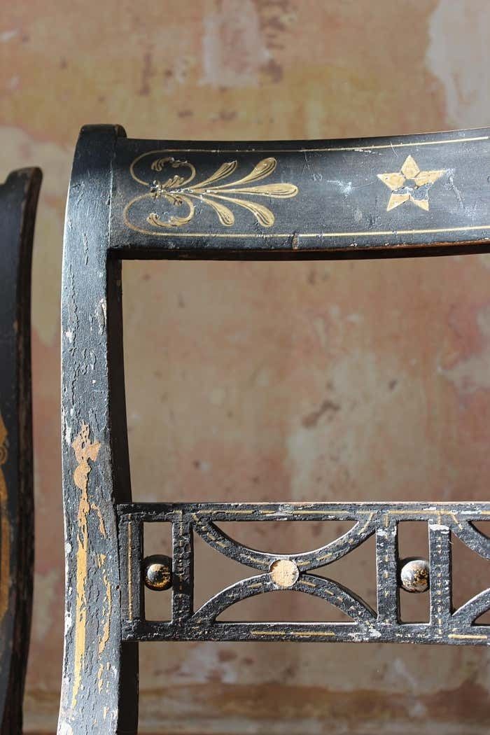 Trio Of Regency Ebonised Hand Painted Gilt And Cane Distressed Occasional Chairs photo vinterior