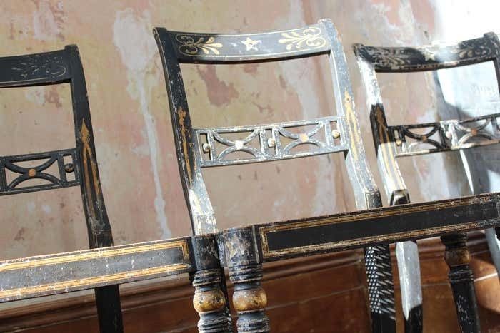 Trio Of Regency Ebonised Hand Painted Gilt And Cane Distressed Occasional Chairs photo vintage