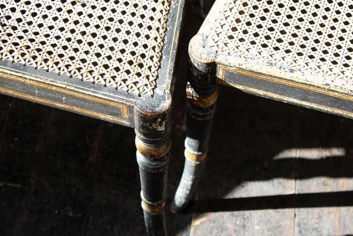 Furniture Trio Of Regency Ebonised Hand Painted Gilt And Cane Distressed Occasional Chairs photo