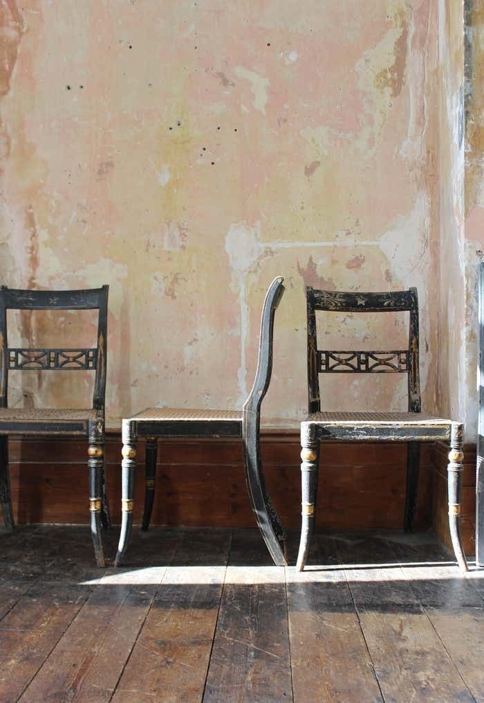 photo vinterior Trio Of Regency Ebonised Hand Painted Gilt And Cane Distressed Occasional Chairs