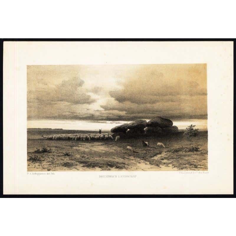 Antique Print Of A Landscape In Drenthe With Sheep And A Hunnebed, 1880