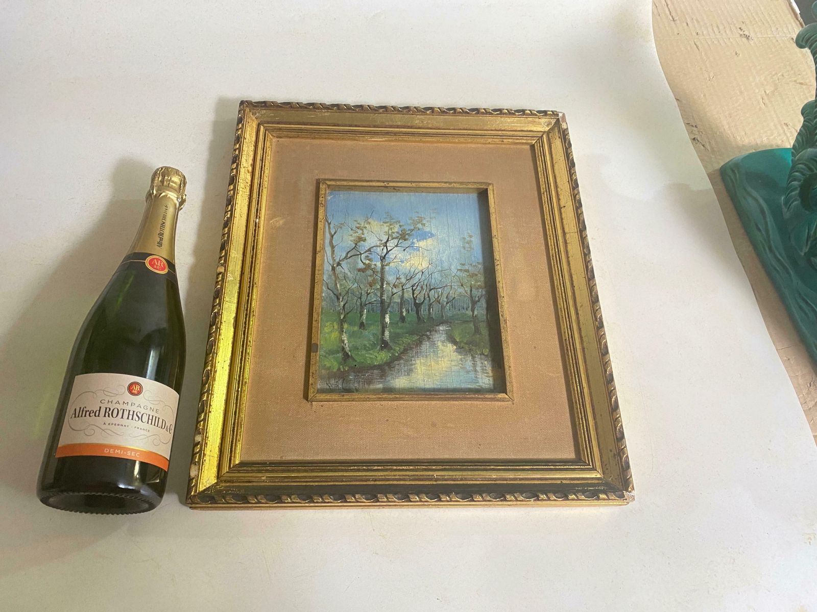 Original Oil Painting Representing A River And Trees Fance Early 20th Century photo furniture