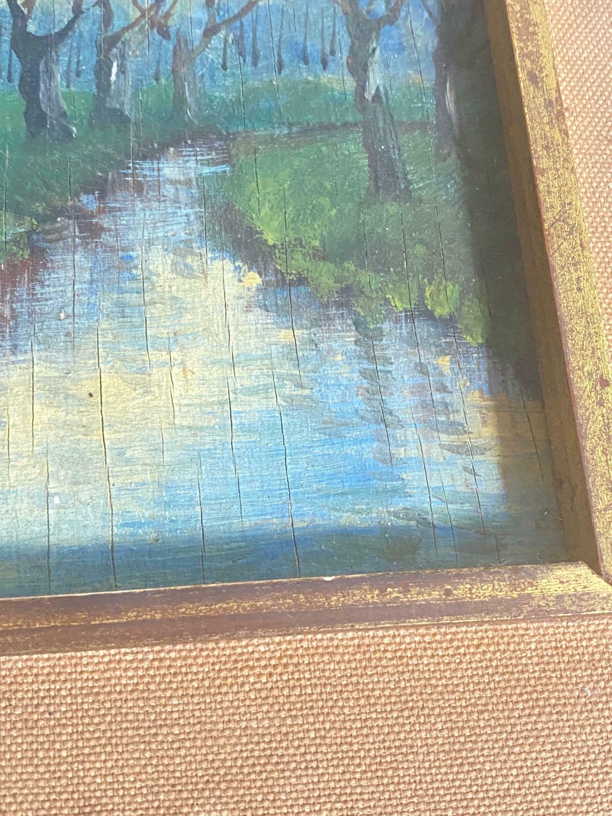 Original Oil Painting Representing A River And Trees Fance Early 20th Century photo vintage