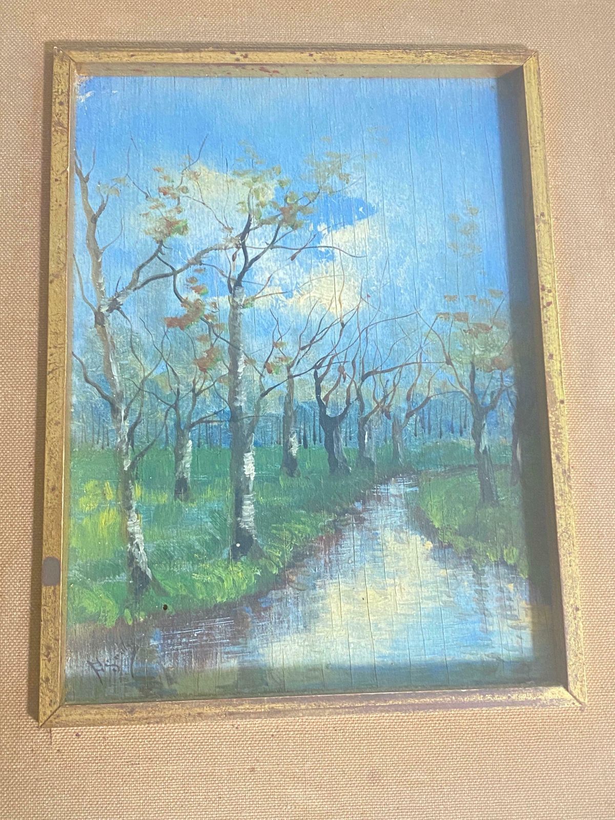 photo buy Original Oil Painting Representing A River And Trees Fance Early 20th Century