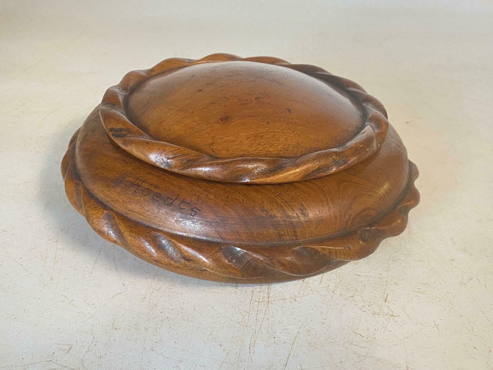 photo for sale Rounded Wooden Box In Wood France 1960, Brown Color