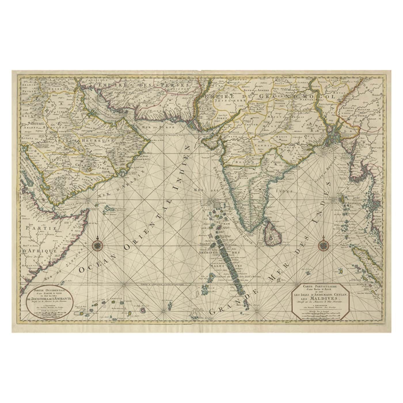 Antique Map Of Southern Asia With India, The Maldives, Ceylon And Arabia, C.1700