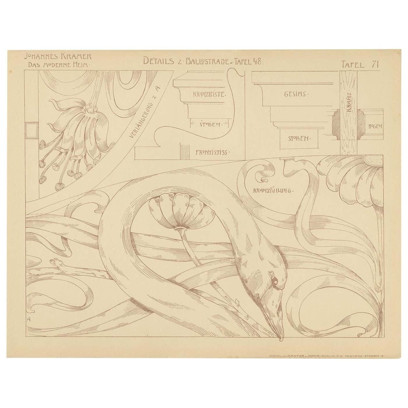 Pl. 71 Antique Print Of Furniture Details By Kramer, Circa 1910